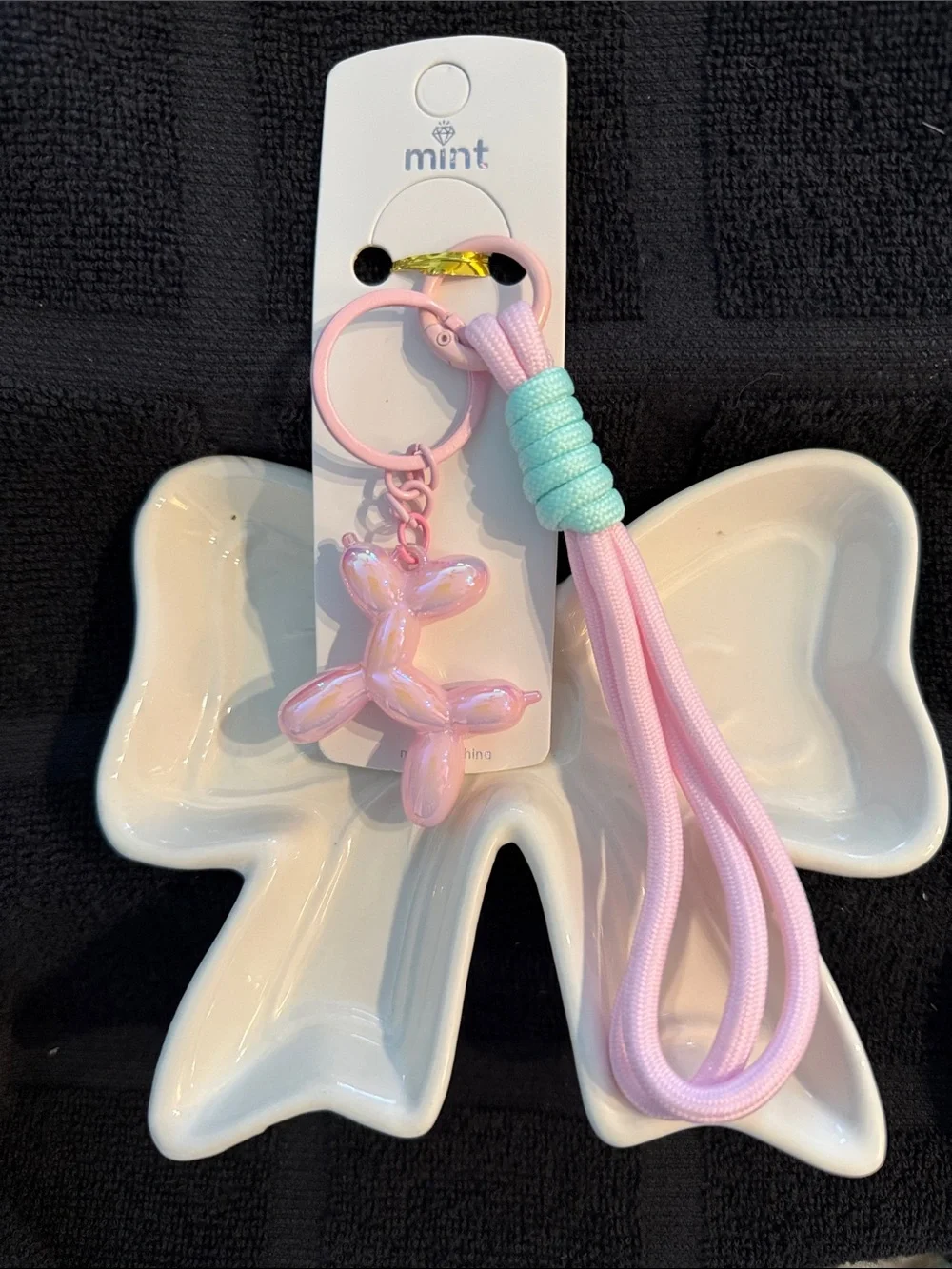 Mint Pink Balloon Dog Keyring with Mint Cord Accent